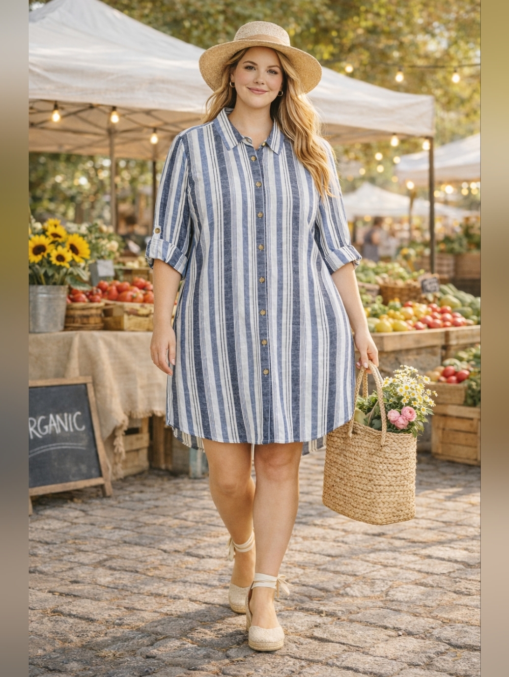 Coastal Striped Shirt Dress 1X Blue White Beachy Button Down Breezy Casual Chic